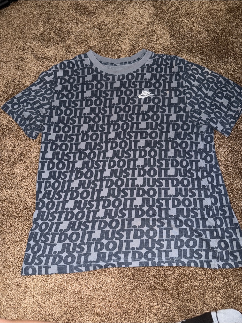 Rare 90s vintage Nike Navy & Gray 'Just Do It' All-Over Logo Tee Medium.